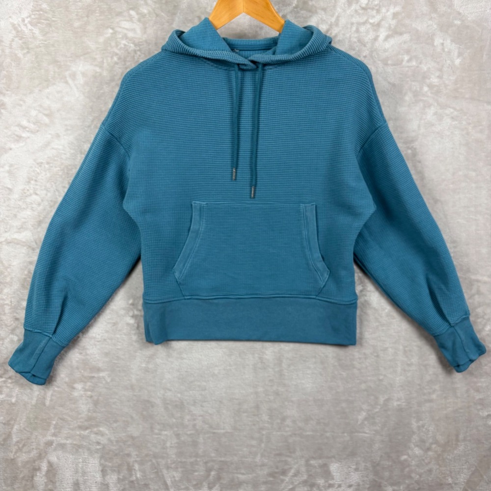 Athleta Balance Waffle Hoodie Sweatshirt XS Teal Blue Tencel Blend Activewear